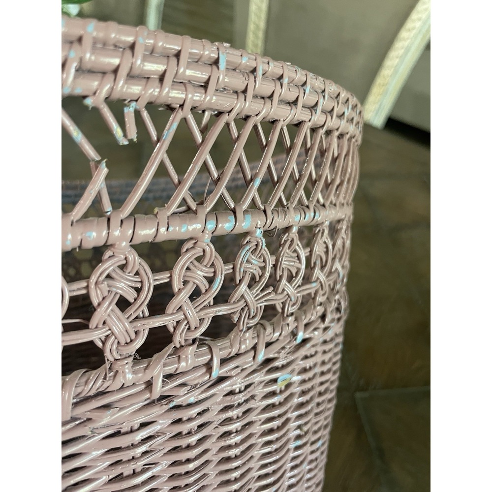 Vintage Pink Wicker Rattan Woven Waste Basket Trash Can Bin - Picture 9 of 11